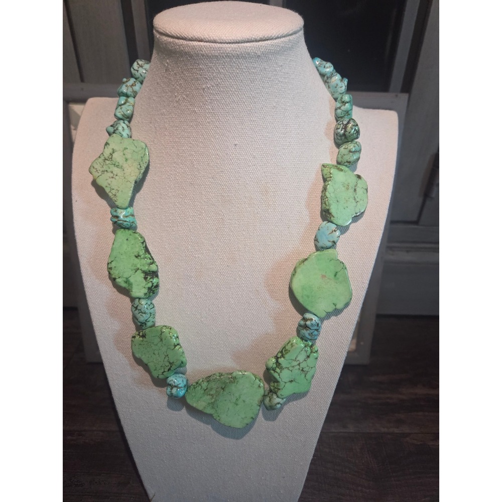 Vintage Chunky Lime Green and Blue Turquoise Nugget Statement Necklace Toggle